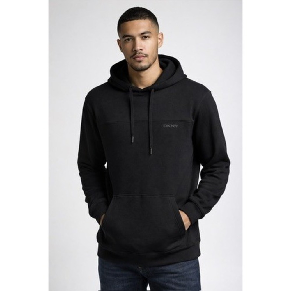 DKNY Mens Black Mixed Media Pullover Hoodie Tonal Logo Sweatshirt‎ Large